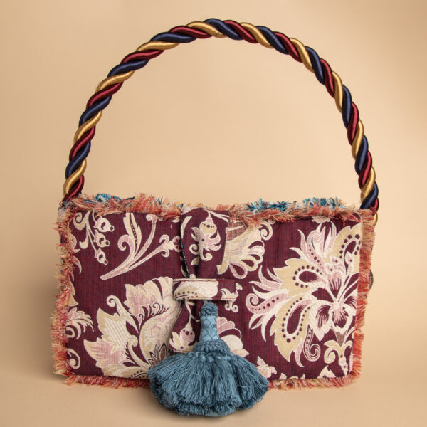 Borsa Carmen reverse da donna in cotone e poliestere color bordeaux con decorazioni floreali chiare