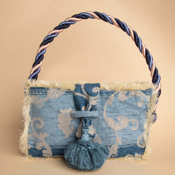 Borsa Federica reverse da donna in cotone e poliestere color azzurro con decorazioni floreali chiare